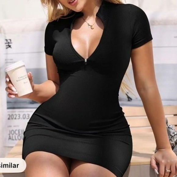 OQQ Black Ribbed Short Sleeve Zip Up Mock Neck Bodycon Mini Dress Compression S - Picture 3 of 12